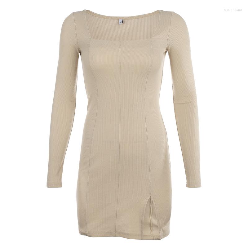 

Casual Dresses Spring Summer Knitted Dress Women Solid Color Square Neck Long Sleeve Female Elegant Slim Split Sweater Skirt, Khaki