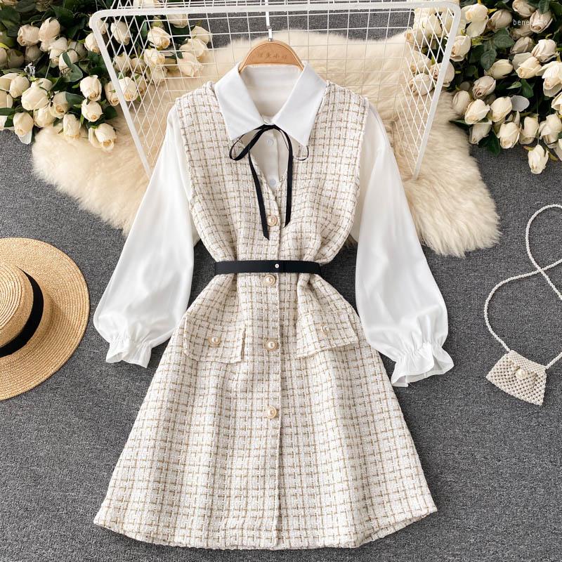 

Work Dresses Ladies Fashion Suit Female Bubble Sleeve White Shirt Thousand Bird Check Belt Dress Design Sense Of Two Pieces Set, Black