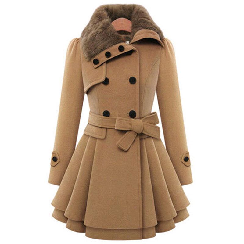 

Women' Wool & Blends Women Woolen Coat Mid-Long Lapel Fur Collar Double-Breasted Belt Large Size Slim Fit Casual Trench Outerwear Autumn Wi, Camel
