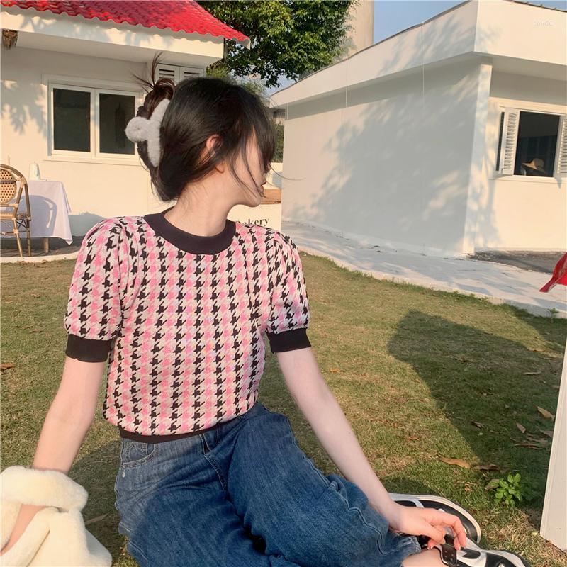 

Women's T Shirts Vintage Summer Knitted T-Shirts Women Korean Houndstooth Plaid Top Knitwear Puff Sleeve Pullovers Designer, Pink