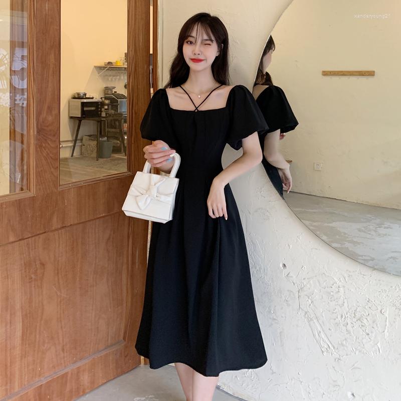 

Party Dresses Empire Puff Sleeve Women Halter Elegant Plus Size Black Lady Vintage Long Dress Summer Slash Neck Korean Fashion Clothes