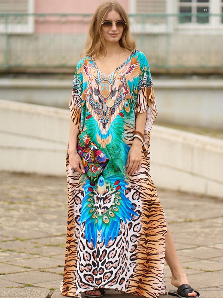 

Women's Swimwear Beach Cover Ups Animal Printed Bohemian Kaftans For Women India Folk Maxi Dresses Seaside Bathing Suits, Zs2034-5