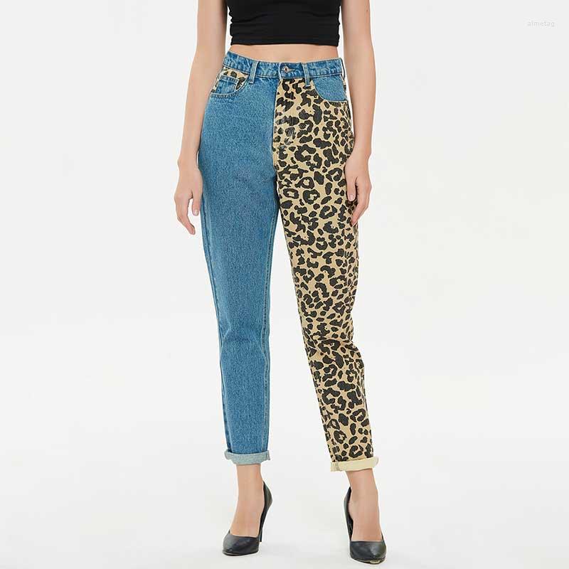 

Women's Jeans Fashion Loose Mom Women High Waist Trousers Straight Boyfriend Pants Leopard Pattern Color Matching Patchwork, Sky blue