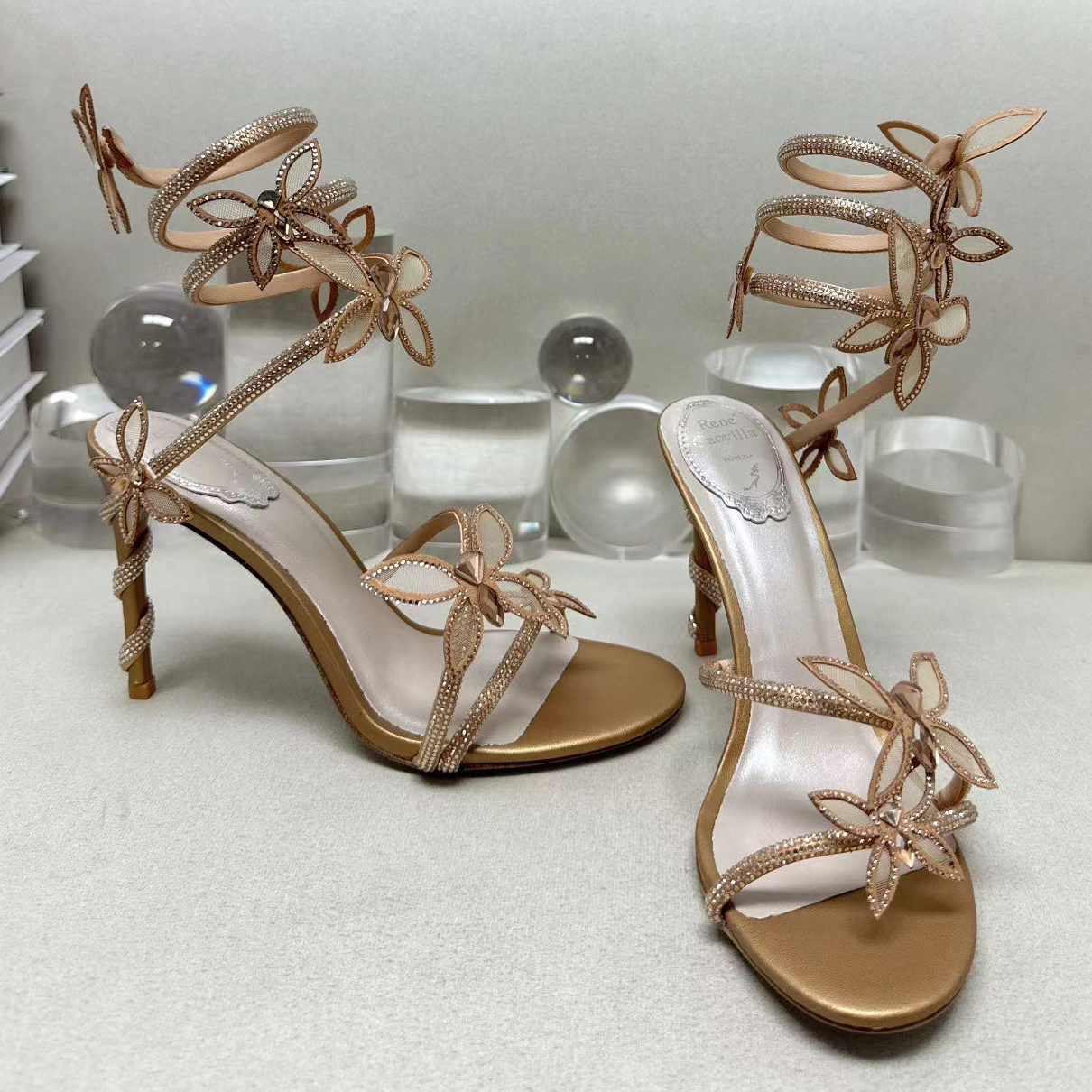 

Heels Rene Caovilla High Sandals Designer Women Dress Shoes 9.5 cm Serpentine Wraparound Crystal Bow Fashion Party stiletto heel Wedding YVW6, Fuchsia