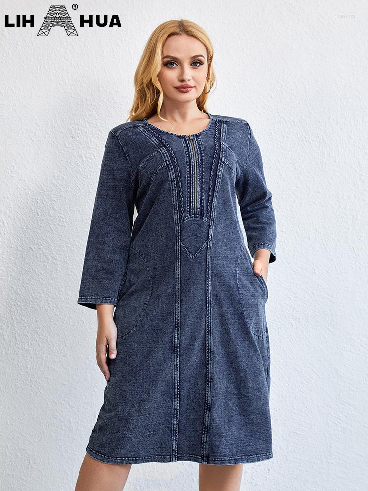 

Plus Size Dresses LIH HUA Women's Denim Dress Autumn Chic Elegant For Chubby Women Cotton Knitted, Blue