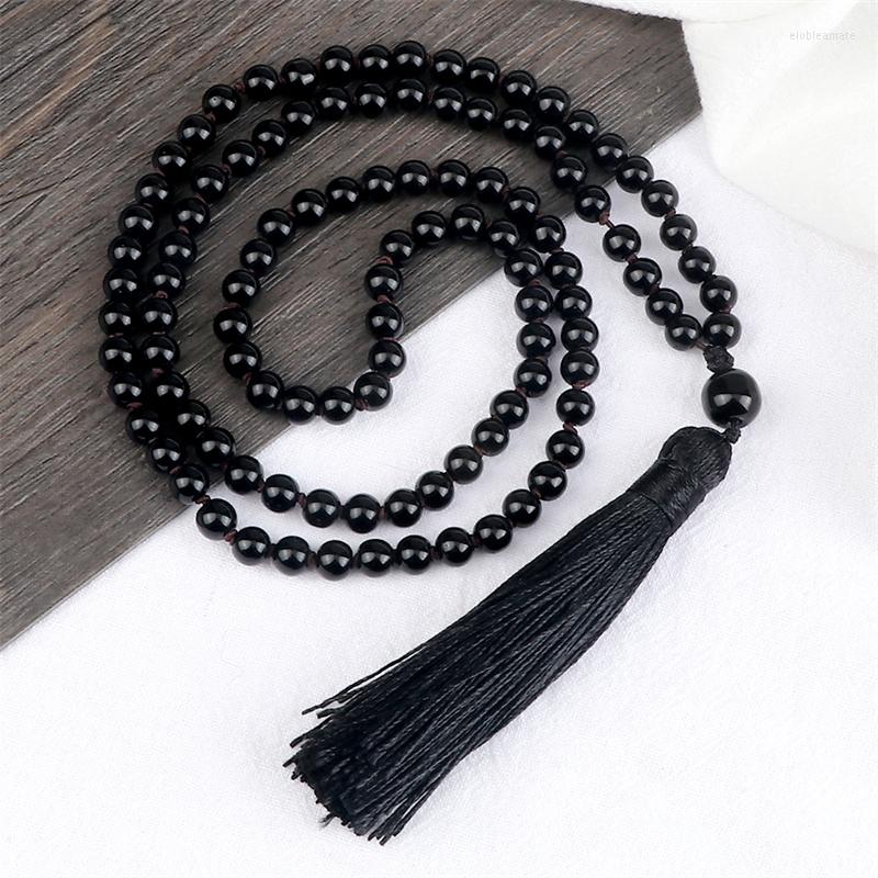 

Chains Classic Women Tassel Necklace 108 Mala Natural Black Bright Stone Onyx 6MM Beaded Knot Meditation Jewelry Customized