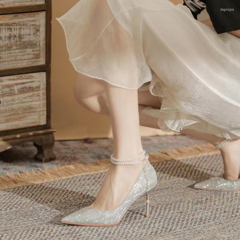 

Dress Shoes 2023 High Heels Sexy Gold Wedding Pearl Party Large