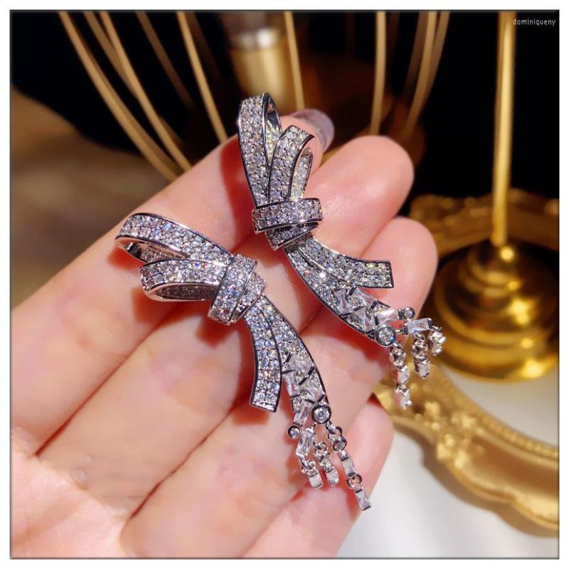 

Dangle Earrings Big Bowknot Original 925 Sterling Silver Earring Pave Dimaond Jewelry Party Wedding Drop For Women Bridal Gift