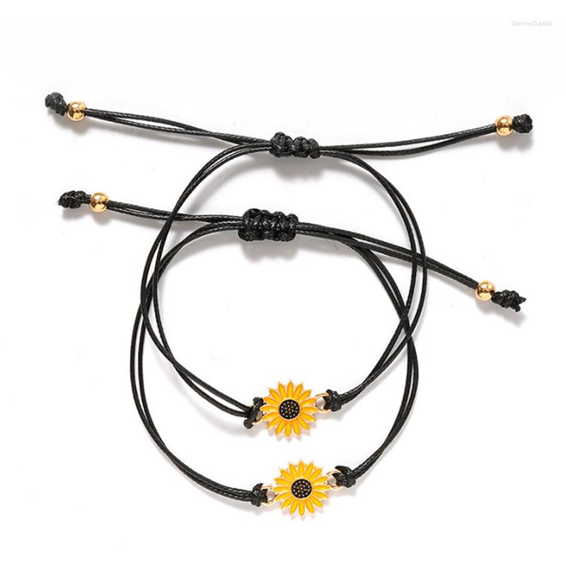 

Strand Sunflower Charms Braided Bracelet For Women Sister Love Friendship Adjustable Rope Daisy Wristband Jewelry Card Gift 2Pcs/Set