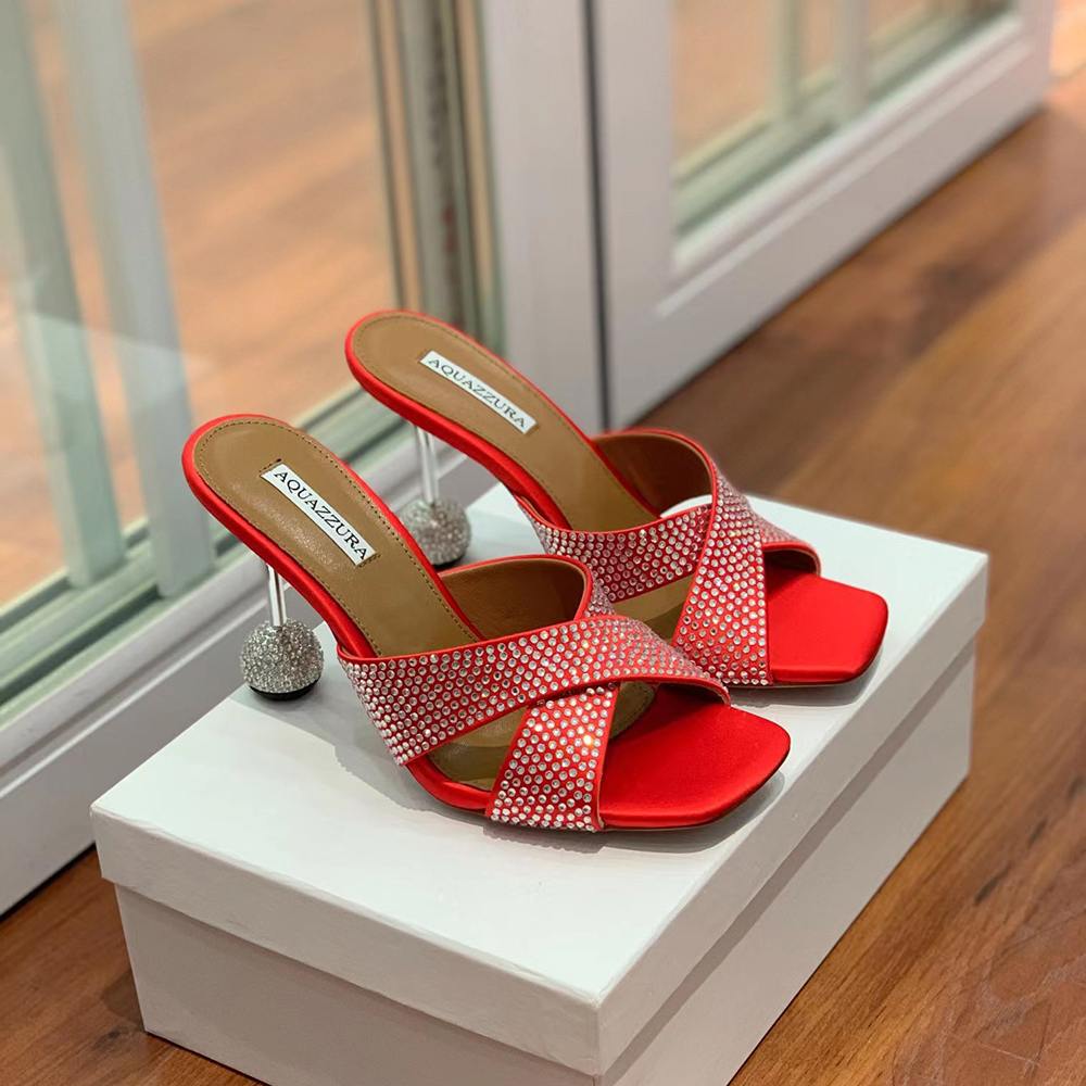 

Summer charms crystal slippers mules slide high-heeled shoes rhinestone slip sleeve open-toe luxury designer women's sandals street style factory shoes, Black