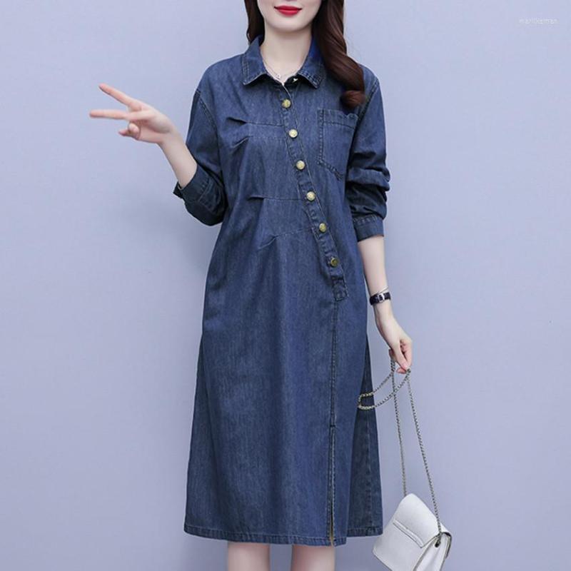 

Casual Dresses Women Long Sleeve Loose Jeans Shirt Dress 2023 Spring Autumn Oversized Denim Korean Clothes, Picture shown
