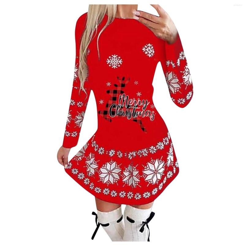

Casual Dresses Women' Fashion Round Neck Christmas Print Pleated Skirt Long Loose Party Mini Dress Female Costume #45, Red