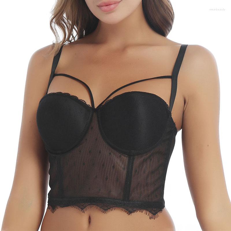 

Women' Tanks Sexy Corset Tops Women Transparent Mesh Lace Patchwork Underwire Padded Push Up Bustier Bra Vintage Gothic Y2k Crop Top, Black