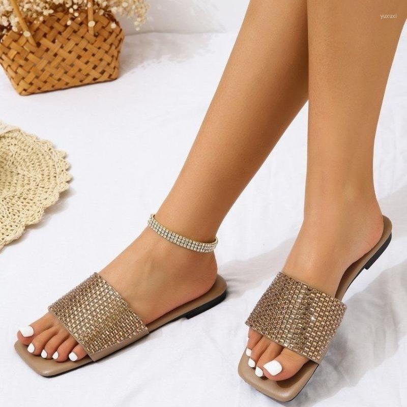 

Slippers Rhinestone For Women 2023 Summer Flat Bottom Travel Lazy Outdoor Leisure Sandales Femmes, Gold