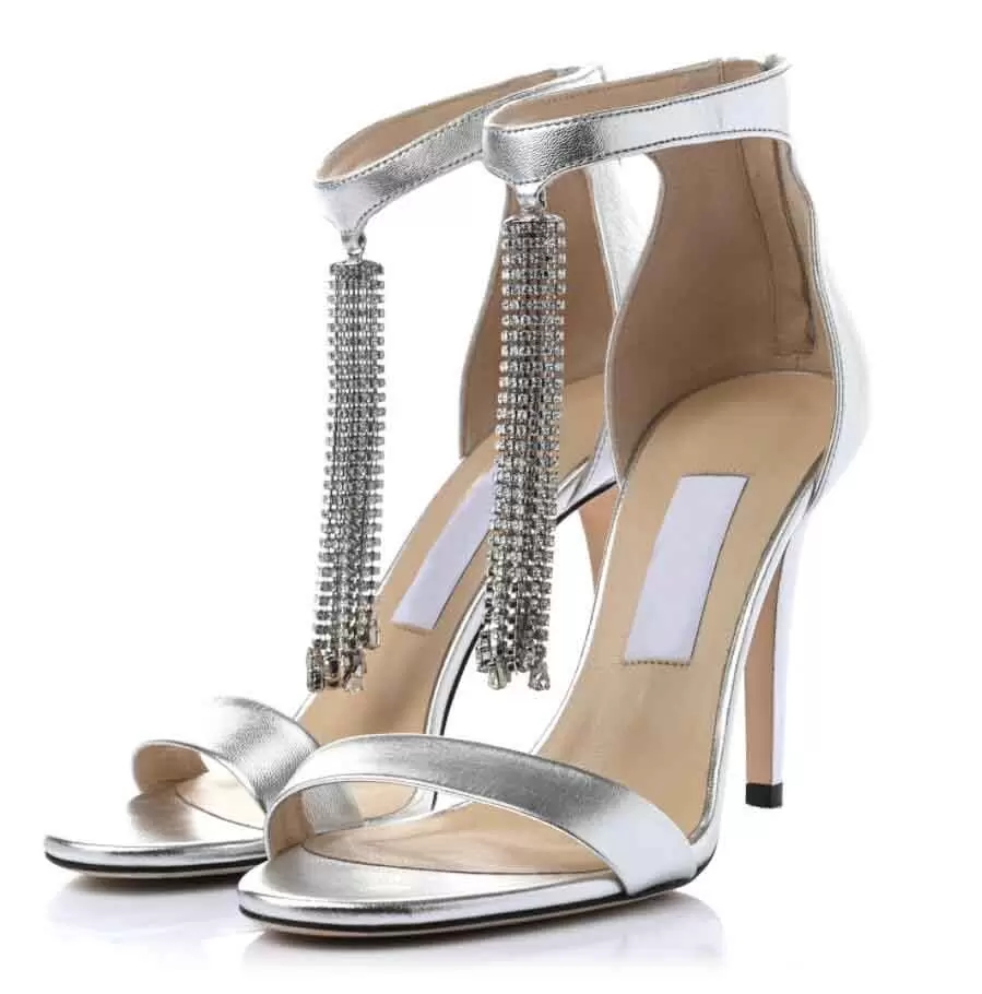 

22s Lady dress sandal high heels designer shoes luxury brands Viola 100mm Crystal-embellished Metallic Leather Sandals In Silver black with boxes