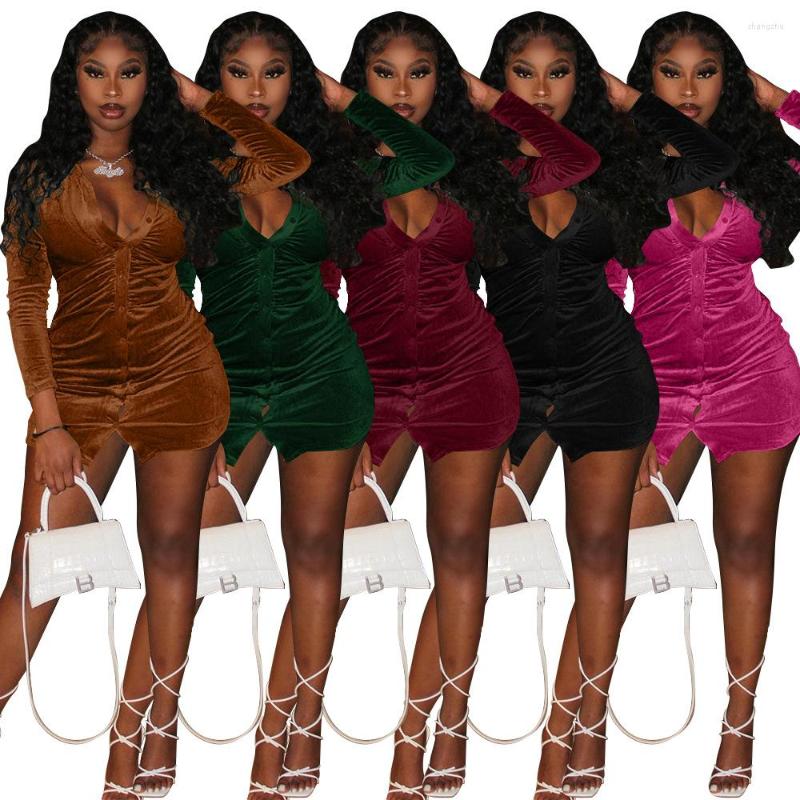 

Casual Dresses Autumn Elegant Solid Velevt Shirts Mini Dress For Women Sexy Button Long Sleeve Ruched Bodycon Club Party Robe Femme, Brown dress