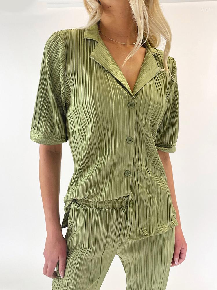 

Women's Tracksuits Tossy 2023 French Pleated Set Oversized Two Piece Turn Down Collar Shirt Top And Pants Sets Casual High Street, Green