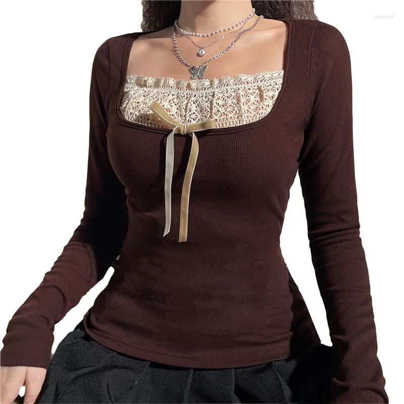 

Women' Blouses Women' Long Sleeve Knitted Tops Blouse Lace Stitching Neckline Knitwear Pullovers Bowknot Decoration Slim-Fit Casual, Dark brown