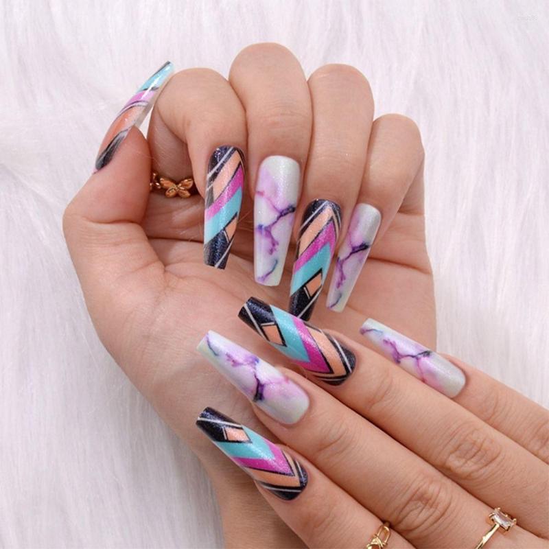 

False Nails 24pcs French Nail Tips Manicure Full Cover Fake Long Ballerina Painted Marble Pattern