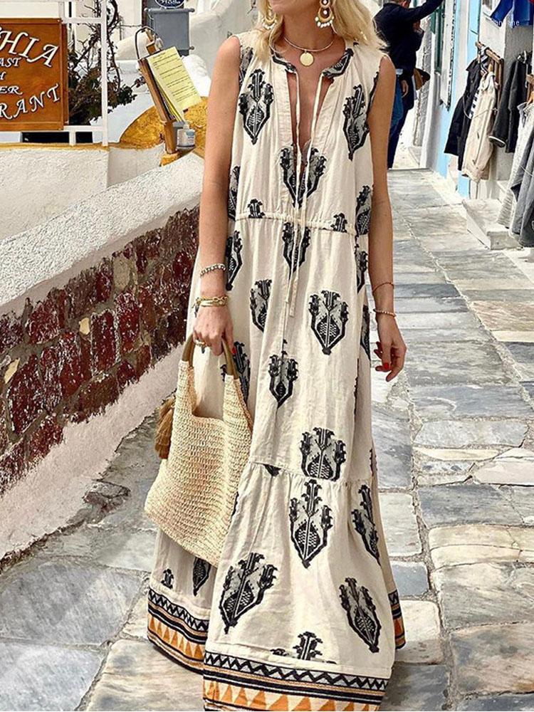 

Casual Dresses Summer Lady Print Pattern Sleeveless Swing Dress Beach Loose Drawstring Drape Fashion V-Neck Boho Maxi Women, 03 pink