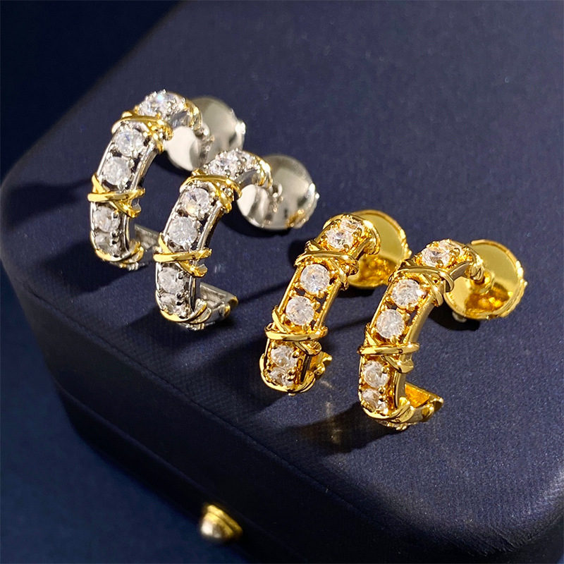 

Womens Cross drilling earrings Studs Designer Jewelry C-shaped single row drill Studs Full Brand as Wedding Christmas Gift