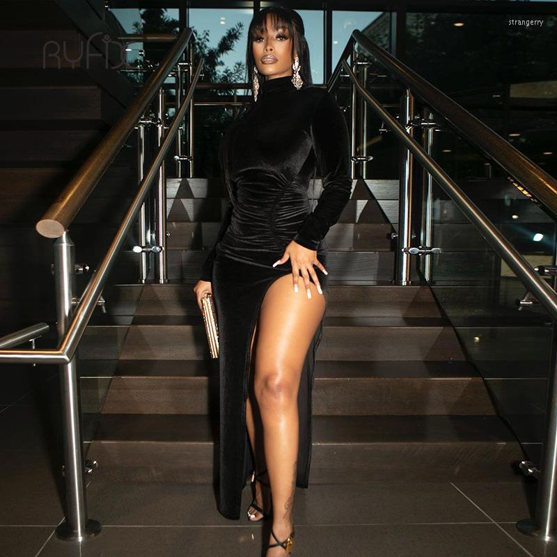

Casual Dresses RYFIX 2023 Women Solid Velvet Long Sleeve Ruched Midi Dress Side Slit Bodycon Sexy Streetwear Party Elegant Club, Green
