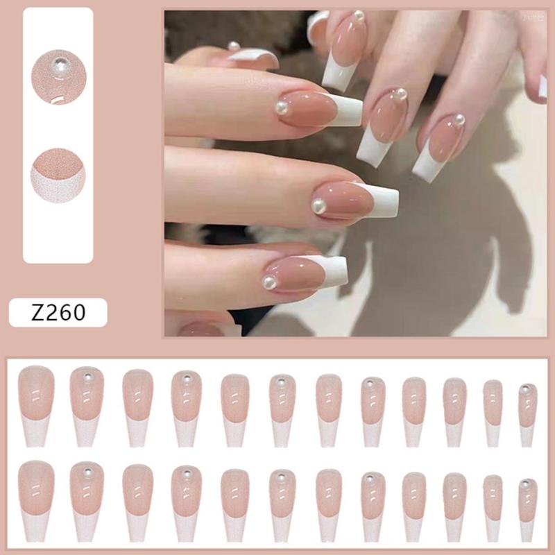 

False Nails 2023 Pearl Fake Sweet Style Long Paragraph Manicure Save Time Salon DIY Art 24PCS Finished Nail Piece, Jelly glue model