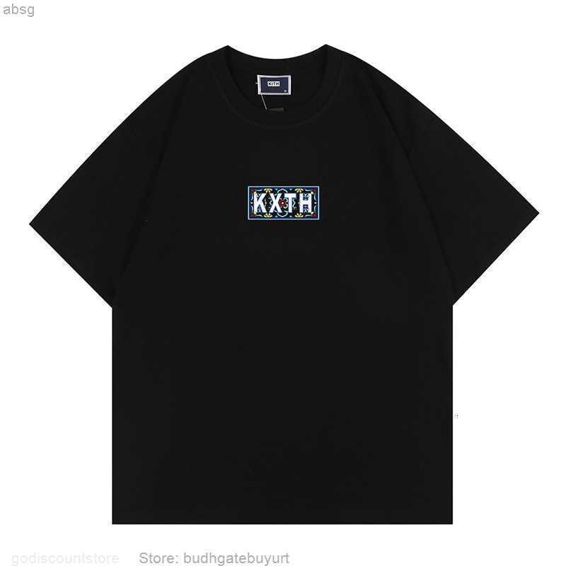 

American Fashion Kith Luxury Men' t Shirt Moroccan Tile Box Tee Blue Cashew Flower Totem Short Sleeve T-shirtrjll, White