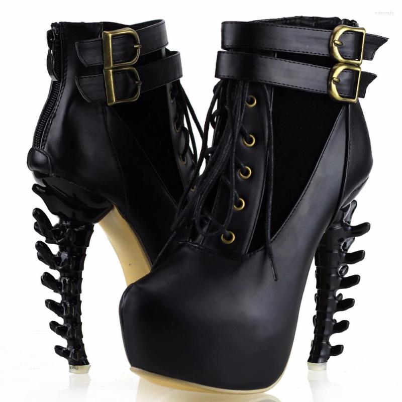 

Dress Shoes LF40601 Punk Lace Up Buckle High-top Bone High Heel Platform Ankle Boots, Silver