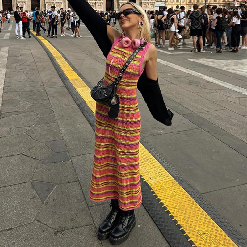 

Casual Dresses Y2K Knitted Striped Bodycon Maxi Dress 90s Vintage Chic Women Hollow Out Sleeveless Long Streetwear Beach Holiday Clothes