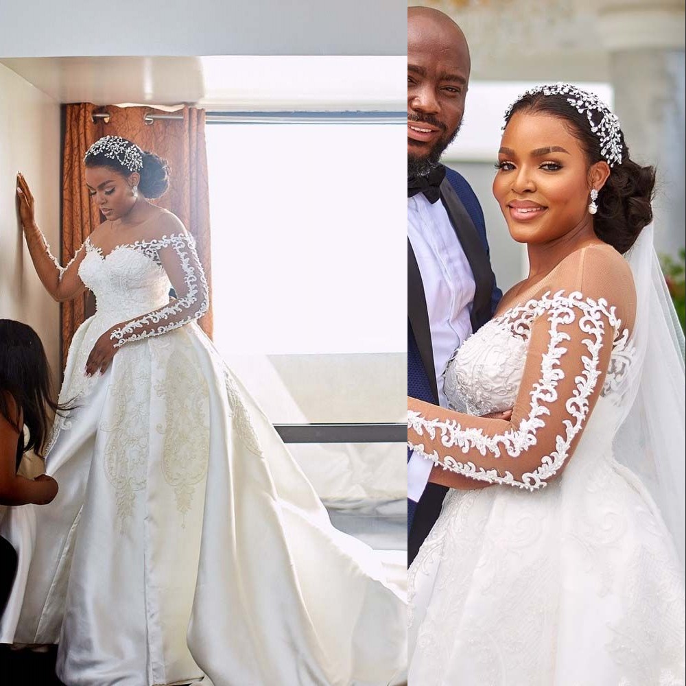 

2023 Luxury Wedding Dresses A Line Bridal Gowns Jewel Neck Illusion Lace Appliqued Long Sleeves Overskirts Cathedral Train Custom Robe De Mariee Open Back Ball Gown, Pink