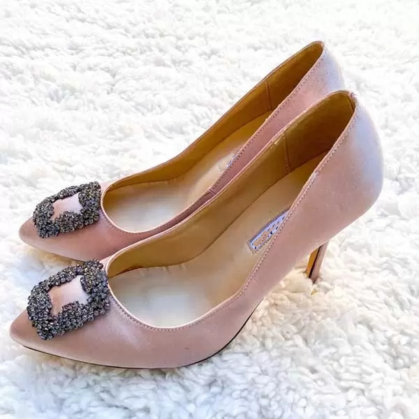 

Classic brand designer pumps women high heels sandals dress shoes Hangisi 70mm Crystal Buckle Pump Embellished Satin leather 35-41 with box