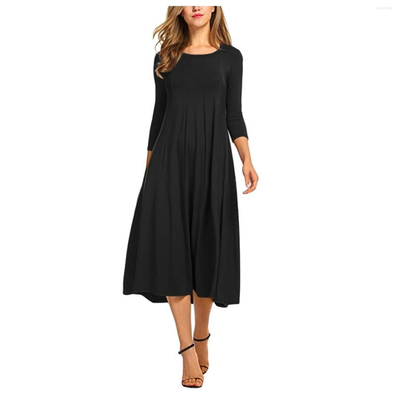 

Casual Dresses 5 Colors Women Solid Dress Round Neck Long Sleeve Mid-calf Swing Simple Daily Versatile Vestidos De Fiesta, Sky blue