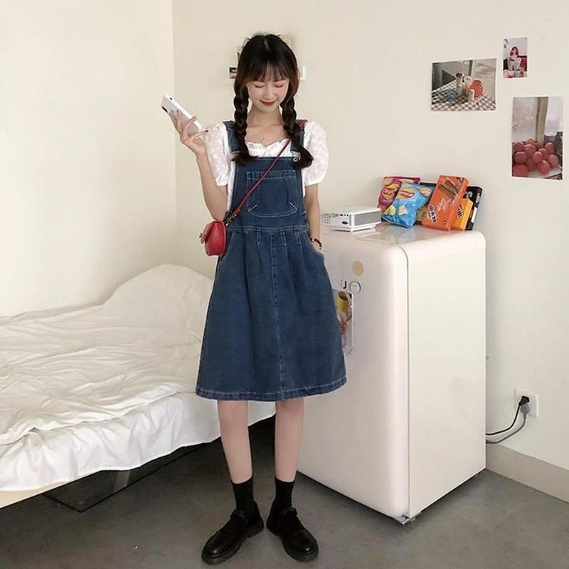 

Casual Dresses 2023 Autumn Korean Ghost Horse Girl Style College Versatile Denim Strap Dress, Beige