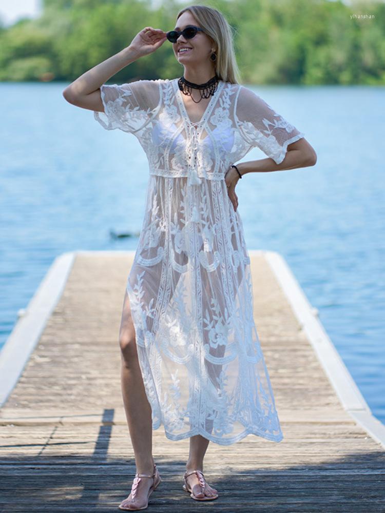 

Women's Swimwear Bikini Lace Mesh Cover Up Women White Flower Transparent Beach Dress Short Sleeve A Line Sexy Bathing Suits Beachwear, White lace dress