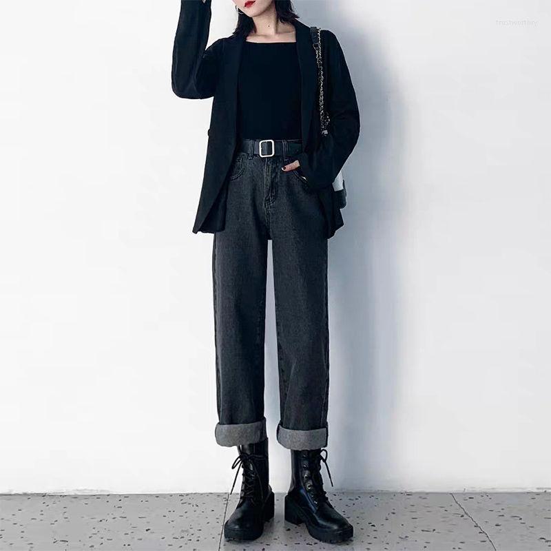 

Women' Jeans Woman Pants Loose Black Gray Autumn Winter High Waist Thin Straight Pantalones Vaqueros Mujer, Gray-full length