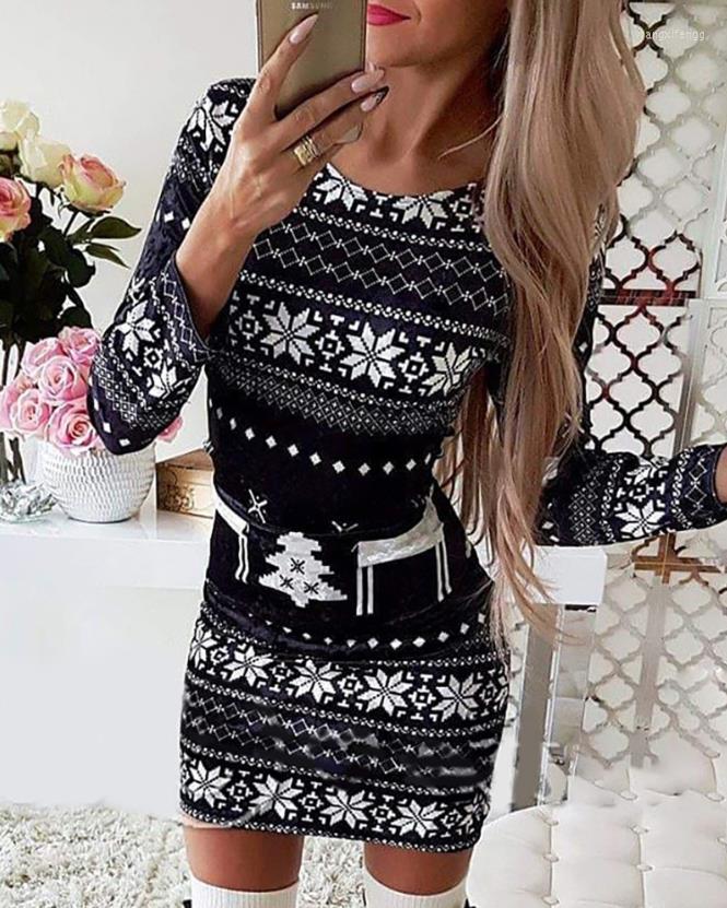 

Casual Dresses Christmas Mixed Print Women' 2023 Autumn Fashion Round Neck Long Sleeve Skinny Mini Dress