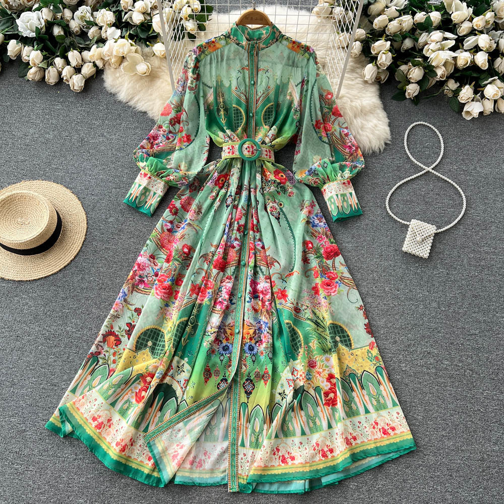 

Casual Dresses Banulin Summer Holiday Beach Chiffon Flowy Dress Women's Stand Collar Lantern Sleeve Floral Print Boho Long Robes N1955 230316, Mixed color