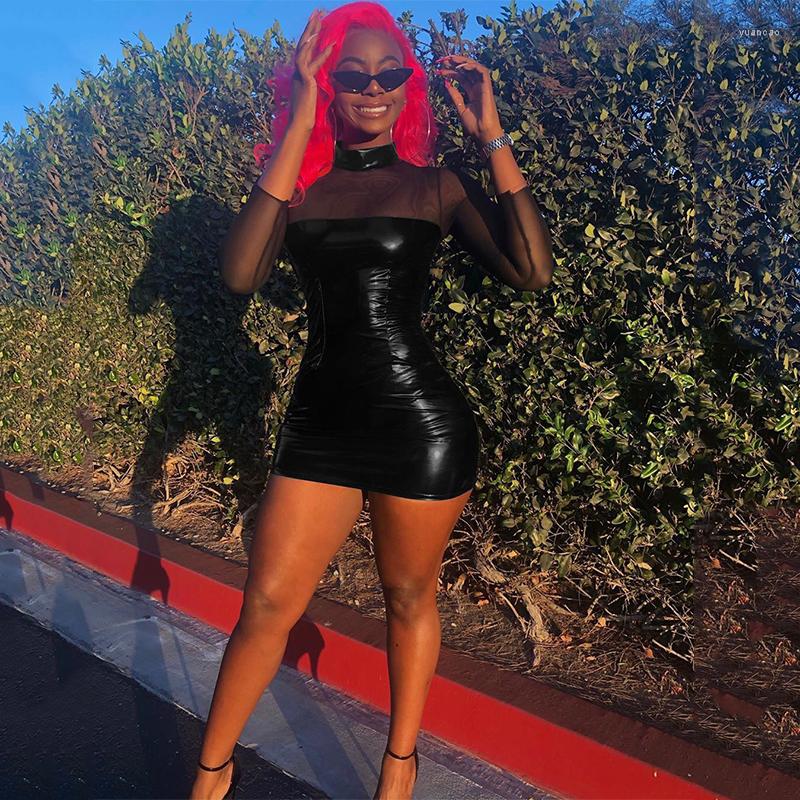 

Casual Dresses BKLD 2023 Womens Long Sleeve Patchwork Sheer Mesh Party Dress Autumn Fashion Bodycon Sexy Hollow Out Black PU Leather Mini