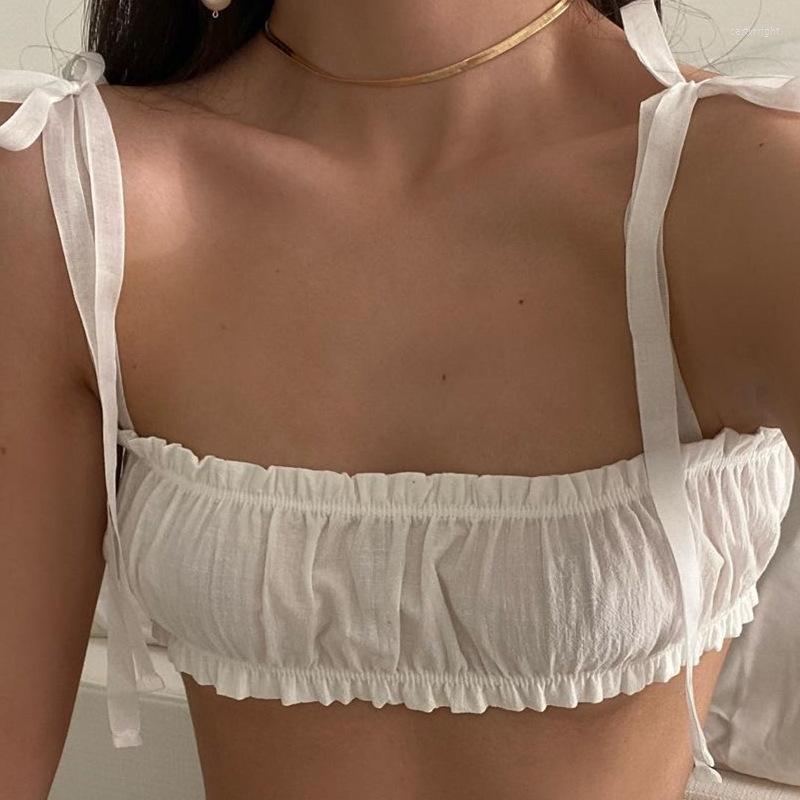 

Women's Tanks Kawaii Lace Up Strap Camisole Y2K Vintage Pleated Super-short Crop Top Chic Women Summer Sleeveless Backless Mini Vest Clothes, White