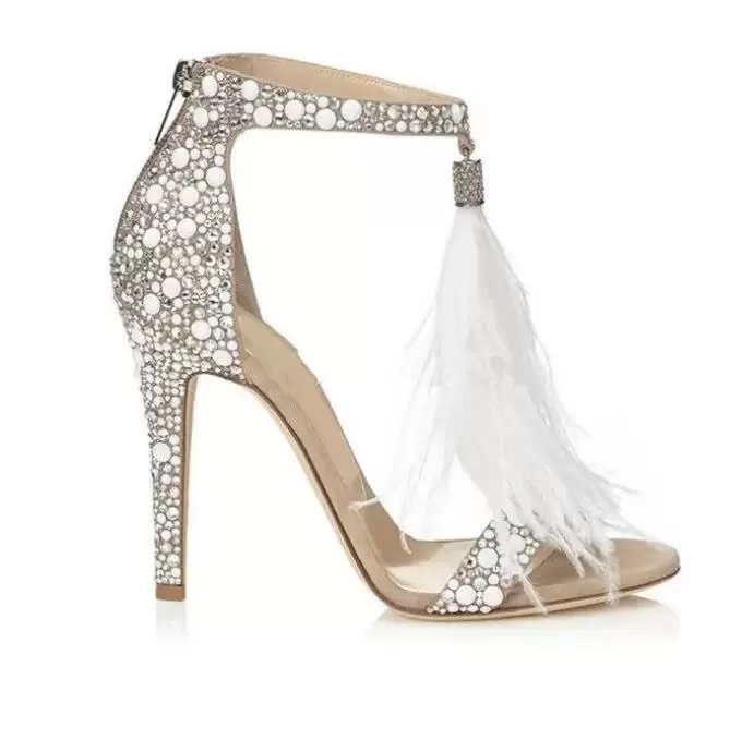 

2023 Elegant Nude Crystal Embellished High Heel Sandals Feather Tassel Gladiator Sandals Women Shoes Pumps Female Wedding Sandalias
