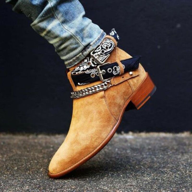 

Men Motorcycle Boots Flock Buckle Strap Yellow Brown Ankle Boots Free Shiping Fashion Botas De Trabajo Hombre Zapatos Hombre