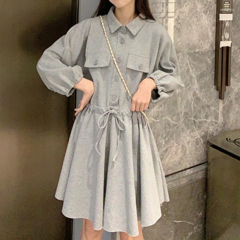 

Casual Dresses Korean Students Pleated Long Sleeve Women Loose Waist Bandage Streetwear Autumn Mini