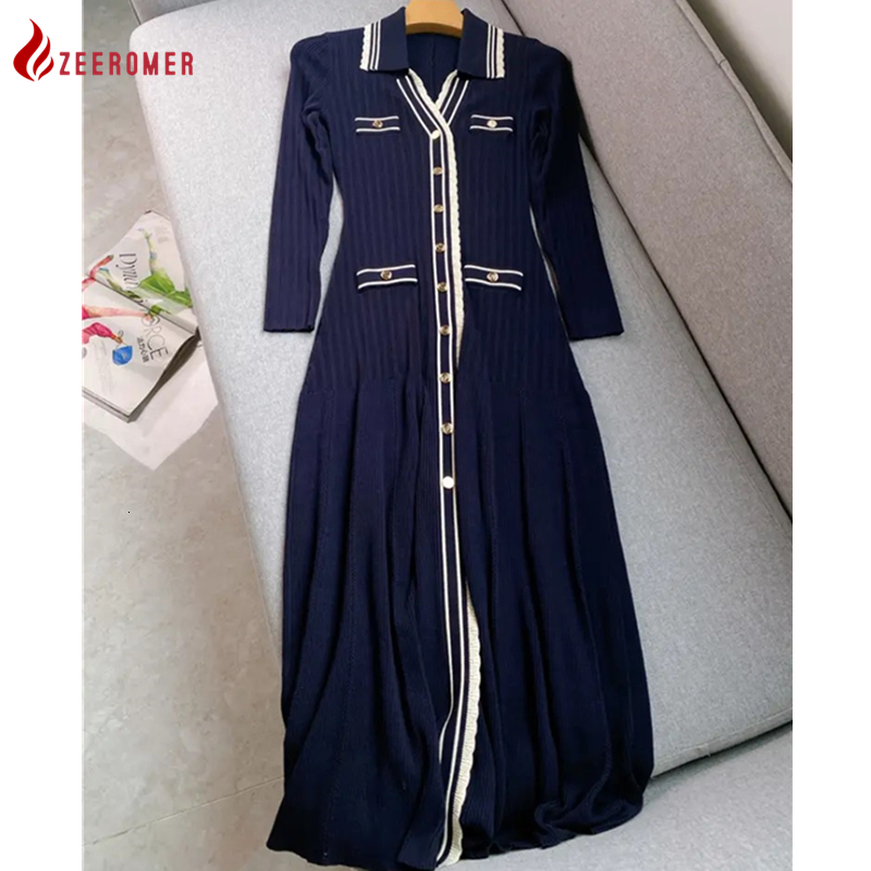 

Casual Dresses France High-Quality Knitting Stripes Contrast V Neck Long Sleeve A-Line Dress Women Elegant Single-breasted Slim Long Dress 230316, Lake blue