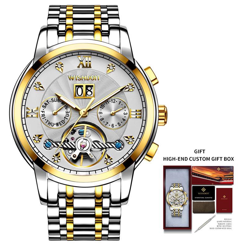 

FASHION Men's Skeleton Mechanical Watches Luxury Dress Automatic Self Winding Sapphire Crystal Waterproof Tungsten Steel Band Wrist Watches, Golden