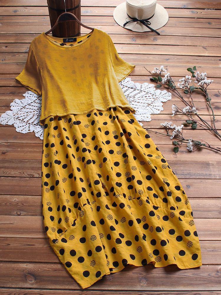 

Party Dresses Women' Two Piece Polka Dot Dress Fashion Short Sleeve O-neck T-shirt Midi Casual Bohemia Street Vestidos Ladies, 8211-blue