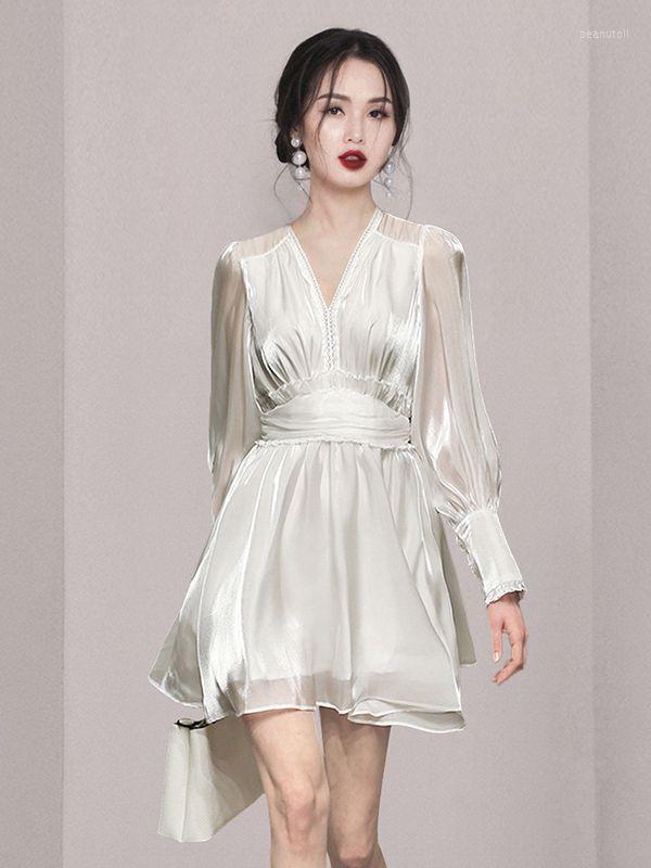 

Casual Dresses Sweet Spring Autumn Solid Color Mini Dress Women Lantern Long Sleeve V Neck Elegant A Line Short, White