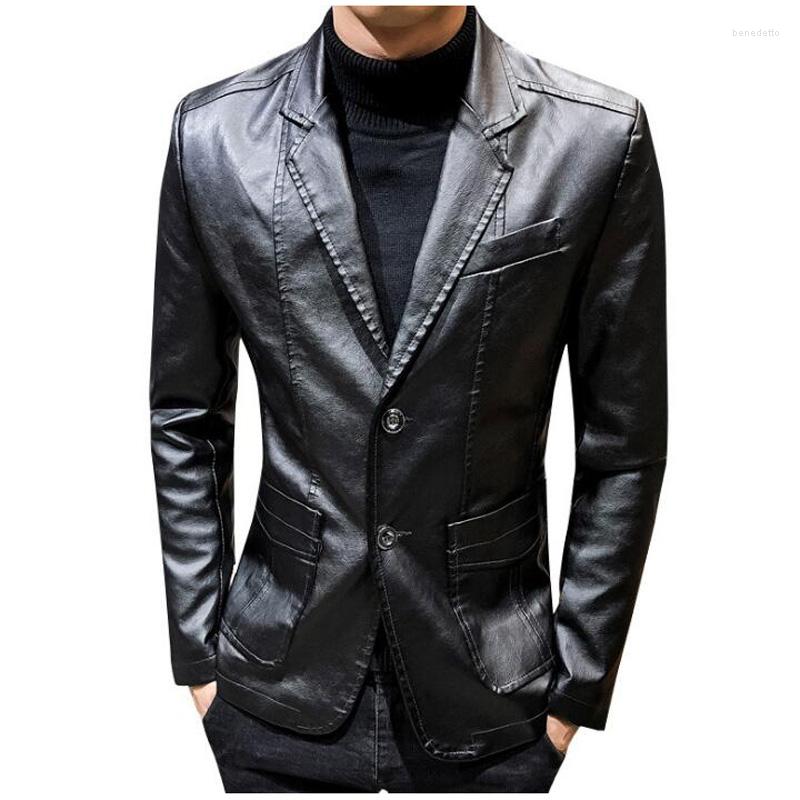 

Men's Suits High Quality PU Leather Blazers Men Casual Mens Suit Jacket Slim Motorcycle Faux Homme Costume, Blue
