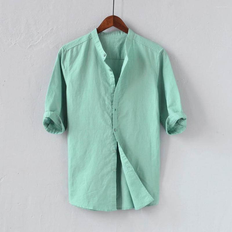 

Men's Casual Shirts Men's Summer Breathable Solid Color Button Cotton Shirt Five-point Sleeve Daily Camisas De Hombre, Green