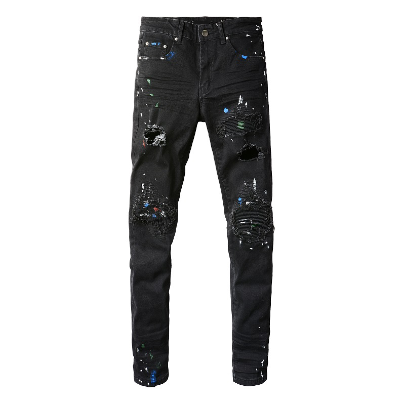 

Designer stack jeans European purple jean men embroidery quilting ripped for trend brand vintage pant mens fold slim skinny fashion Jeans sstraight pants TQAA